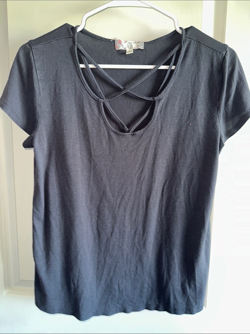 Pink Rose Black Short Sleeve Tee with Crisscross Neckline